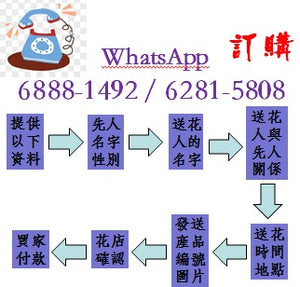 WhatsApp訂購熱線：6888-1492 / 6281-5808   提供以下資料.  1（先人名字以及性別） 2（送花人名字） 3（送花人與先人的關係） 4（送花時間以及地點） 5（發送網站產品編號以及圖片）  6（花店確認） 7（買家付款）